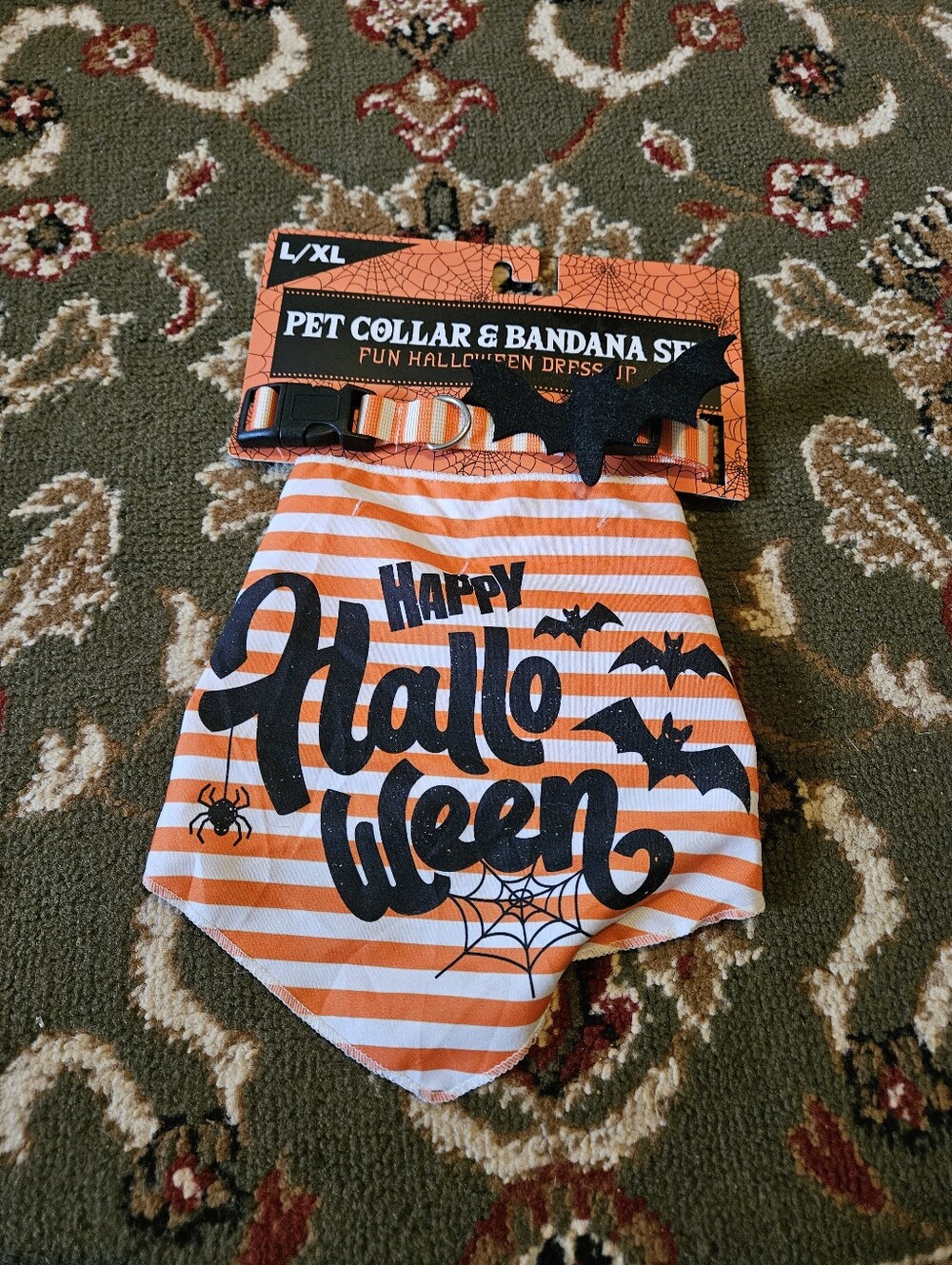 Halloween Pet Bandana & Collar Set - Orange Stripe "Happy Halloween"